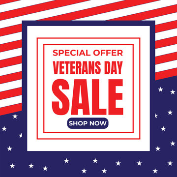 Happy Veterans Day sale banner. Holiday typographic poster with usa waving flag. Thank you, Veterans. Vector illustration
