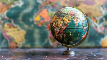 vintage globe sits on a wooden table, with a blurred background of a world map. The globe represents exploration, knowledge, and the interconnectedness of the world.