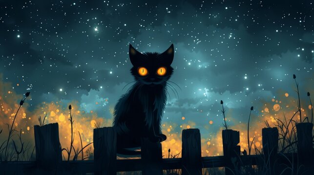 Black cat with glowing eyes sitting on a fence under a starry sky cartoon Vector Illustration