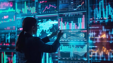 Poster - businesswoman analyzes data displayed on a wall of large screens, showcasing charts and graphs. The scene emphasizes the importance of data-driven decision making in modern business.