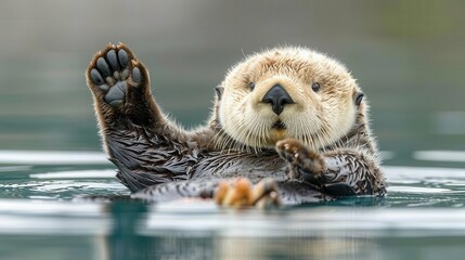 Playful sea otter floating on back, cracking shellfish,