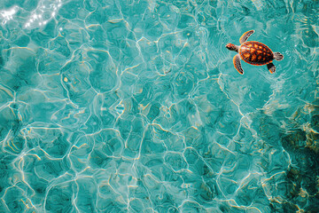 Wall Mural - looking from top into a bright clear turqoise water surface with pool like ripples and with a small young coral red colored turtle swimming in the water