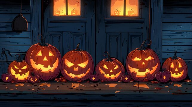 Jack-o-lanterns with different expressions lined up on a porch cartoon Vector Illustration
