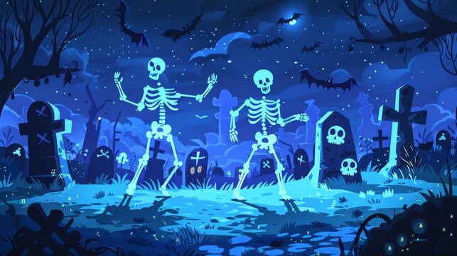 Skeletons dancing in a graveyard with tombstones and bats flying around cartoon Vector Illustration