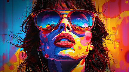 Wall Mural - Contemporary drawing vibrant pop art woman portrait in sunglasses. Retro vintage concept