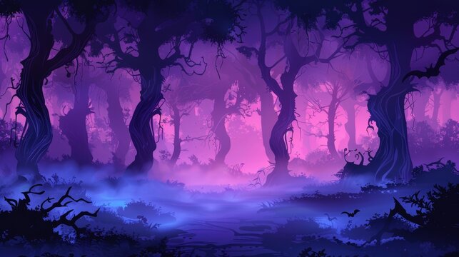 Spooky forest with twisted trees and fog covering the ground cartoon Vector Illustration