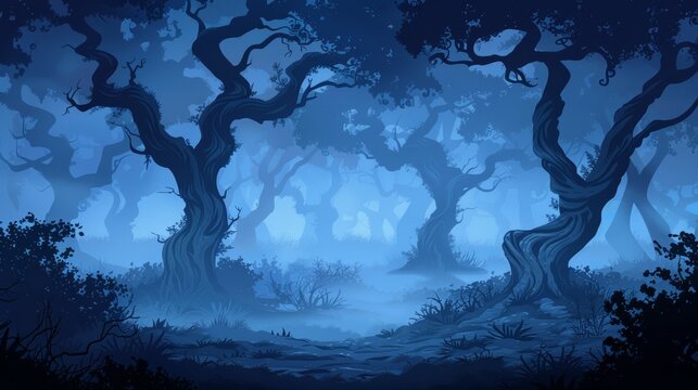 Spooky forest with twisted trees and fog covering the ground cartoon Vector Illustration