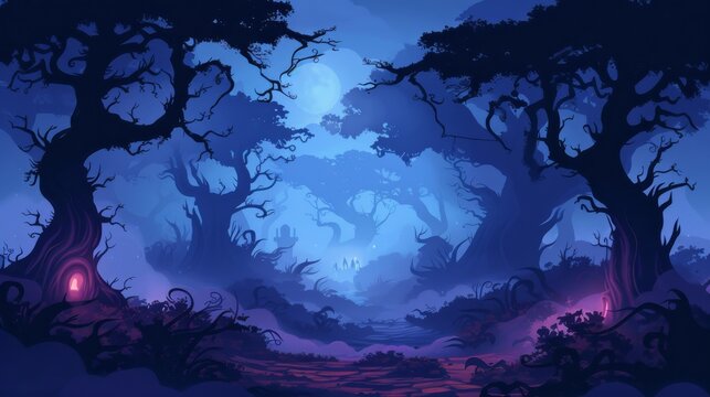 Spooky forest with twisted trees and fog covering the ground cartoon Vector Illustration