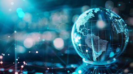 Poster - Glass globe illuminated with a blue glow, connected by lines and dots, representing the global network and interconnectedness of the world.
