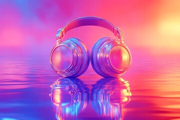 Poster - Futuristic headphones with neon lights reflecting off a watery surface embodying the fusion of technology and sensory experiences