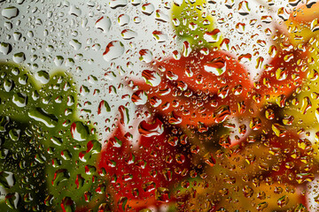 Wall Mural - abstract background fall, glass drops autumn yellow leaves wet october weather