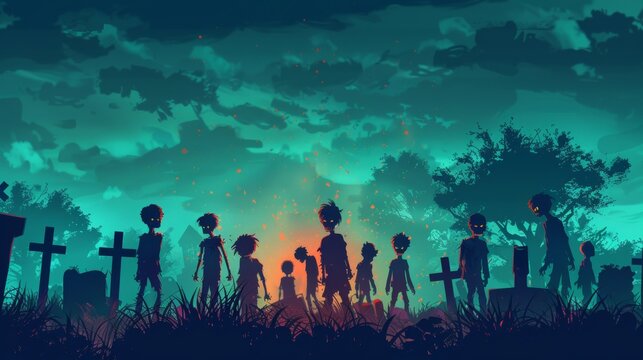 Cartoon zombies walking through a misty cemetery at dusk cartoon Vector Illustration