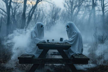 Two ghosts sitting at wooden table in cemetery in mystical fog. Halloween concept