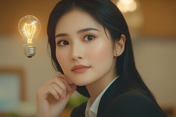 Wall Mural - young professional in a modern office illuminated by a bright idea symbolized by a glowing light bul