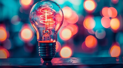 Poster - Glowing light bulb, illuminated with a warm, orange light, against a backdrop of vibrant, blurry bokeh lights The image evokes a sense of inspiration, creativity, and the beauty of simple things.