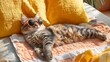 © Salander Studio - a cat wearing sunglasses lying lazily on a beach towel