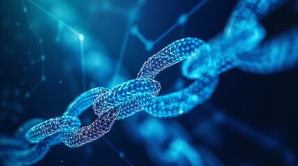 Fototapete - Close-up of chain link rendered in digital futuristic style showcasing connection and network of data for representation of blockchain technology security and digital connectivity concept.