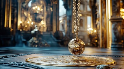 Wall Mural - Mystical pendulum on a chain swings over a magic table. gold tones