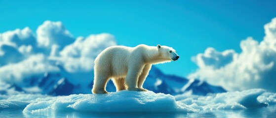 A majestic polar bear stands on a floating ice cap against a vibrant blue sky, showcasing the beauty of the Arctic wilderness.