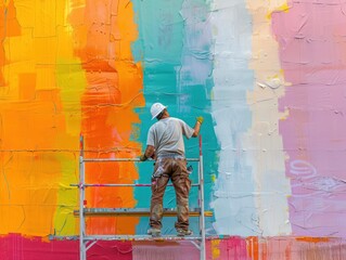 Canvas Print - A worker paints a large wall with colorful stripes. AI.