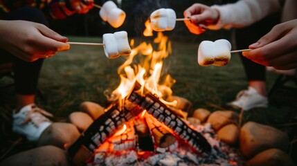 Canvas Print - Roasting marshmallows over a campfire. AI.