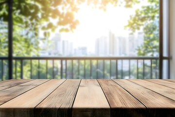 Wooden table on a balcony with panoramic city views