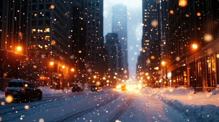 A serene snowy street scene with glowing streetlights and falling snowflakes, creating a magical winter atmosphere.