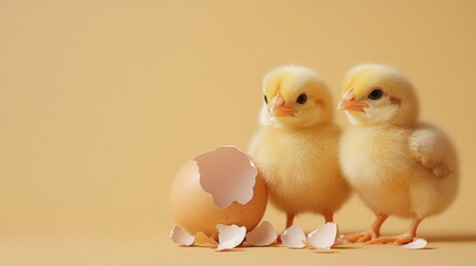 Two adorable yellow chicks standing near a broken eggshell on a beige background.