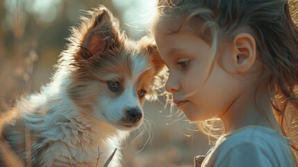 Canvas Print - A young girl looks intently at her puppy. AI.