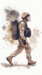 A soldier in uniform walks confidently, showcasing strength and dedication with a military backpack in a watercolor style.