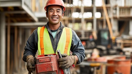 Wall Mural - photo front view of a construction worker in a safety vest and hard hat, standing with a toolbox in one hand. The worker is smiling and appears ready for the job, with a sturdy and confident posture.