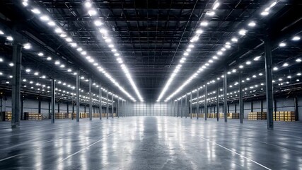 Poster - Warehouse interior with LED lighting, industry building, distribution retail center, part of storage and shipping system..