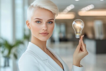 Wall Mural - african american woman holding a vintage style light bulb illustrating the merging of tradition and 