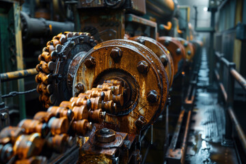 A rusty chain with a lot of bolts and a lot of oil on it. The chain is old and worn out