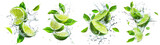 Set of fresh delicious limes splashing with leaves, cut out