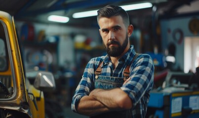 Attractive confident male auto mechanic working in Car Service