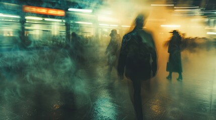 Wall Mural - Blurred Silhouettes in a Foggy Cityscape