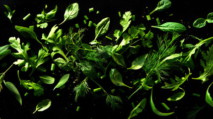 A mix of fresh greens on a black background. A close-up of a pack of green seasonings, including parsley, basil, arugula, spinach, green onions and coriander. The ingredients for the salad