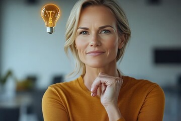 Wall Mural - mature professional woman in a cozy home office holding a light bulb that symbolizes innovative idea