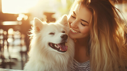 Happy young woman with her cute white dog, sharing a sweet moment in a sunlit coffee