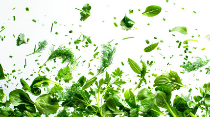 Assorted fresh healthy summer greens on a white background. A bunch of green natural organic herbs flies through the air. A sense of movement and energy. Delicious green salad