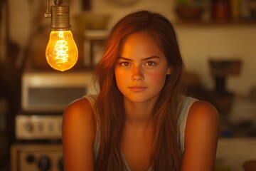 Wall Mural - serious young woman in a stylish modern kitchen sitting at a counter with a glowing light bulb above