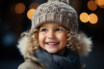 Portrait of a little smiling girl in warm and fluffy winter clothes.