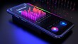 © PoyTumStudio - Closeup 3D animation of a smartphone screen displaying a music streaming app, showing realtime song selection and equalizer adjustments