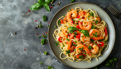 Top view tasty homemade italian prawn and shrimp linguine pasta dish on a plate