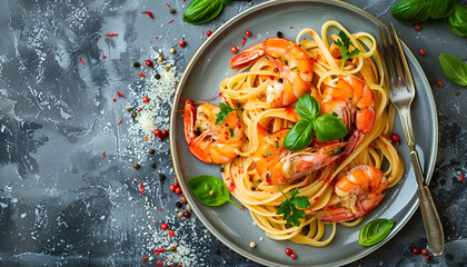 Top view tasty homemade italian prawn and shrimp linguine pasta dish on a plate