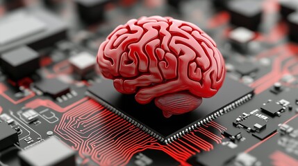 Poster - A red brain is on top of a computer chip. The brain is surrounded by wires and circuitry. Concept of technology and the human brain, and the mood is somewhat ominous and futuristic