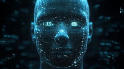 Poster - A computer generated face with blue eyes and a black background