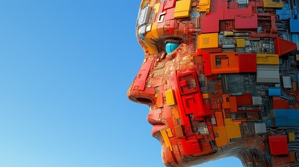 Poster - A woman's face is made of blocks of different colors. The face is surrounded by a blue sky