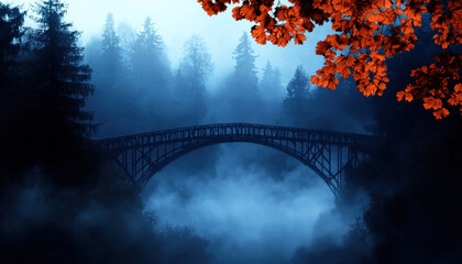 Gothic bridge, spanning a misty river, Watercolor style